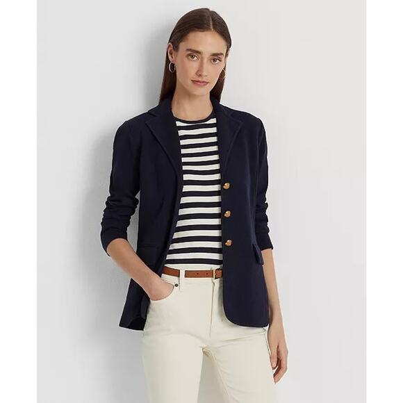 LAUREN RALPH LAUREN Navy Sweater-Knit Cotton-Blend Blazer Petite Small - Picture 5 of 12